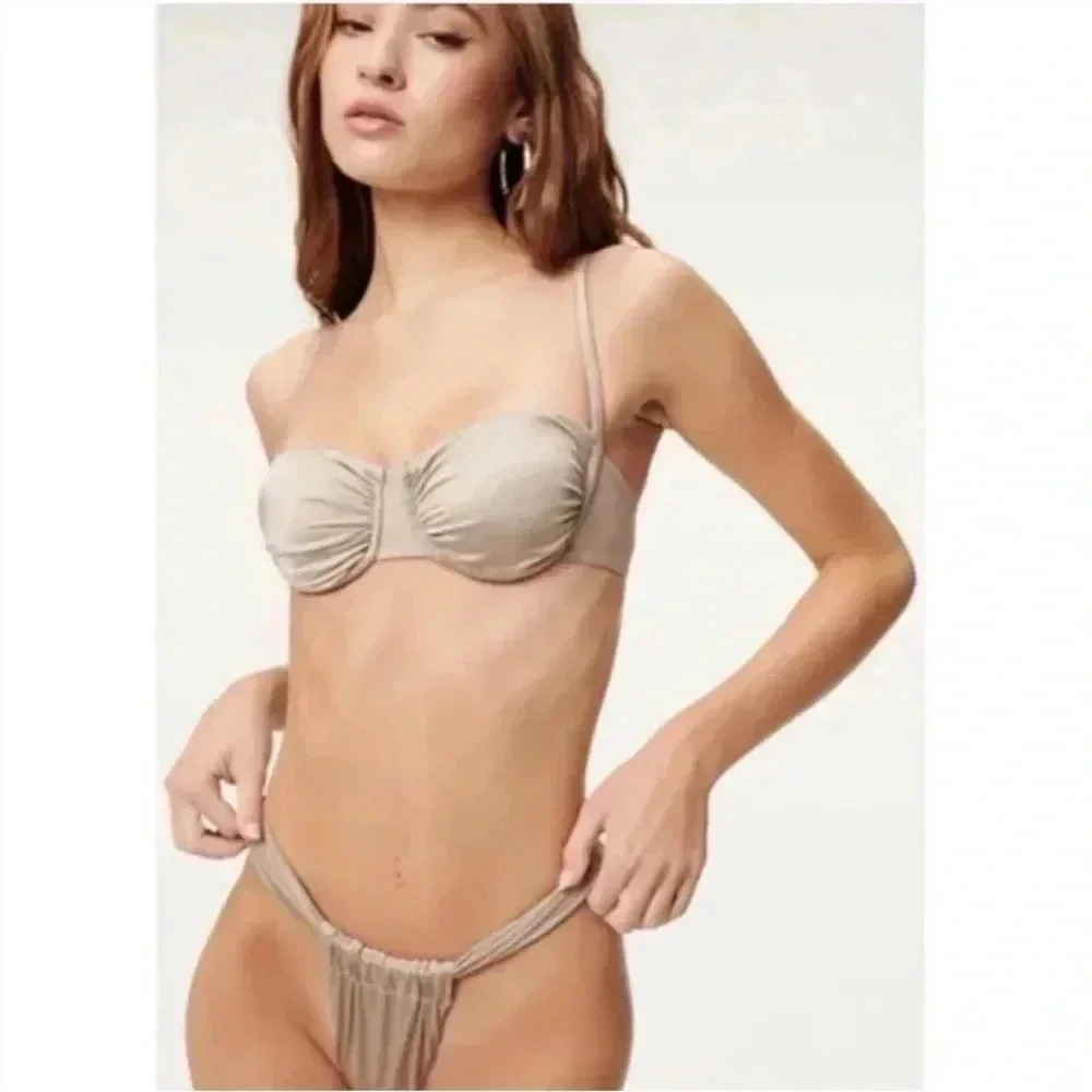 NWT Good American Mink Shine Satin Ruched High Rise Bikini Bottoms, Size XS